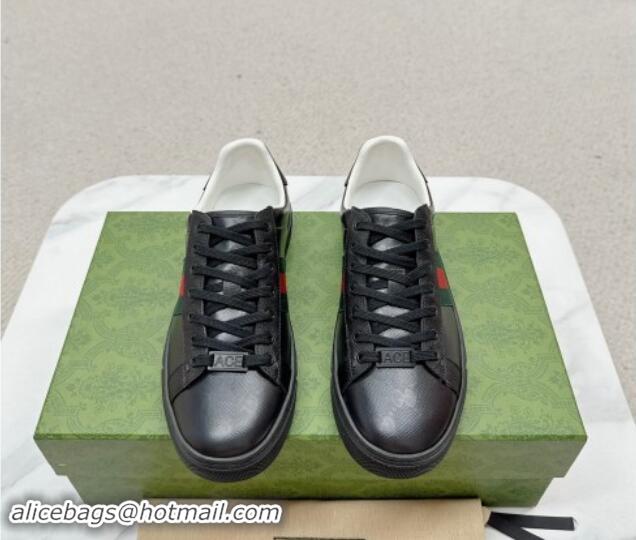 Best Price Gucci Ace Sneakers with Web in Black Embossed Leather 1014083