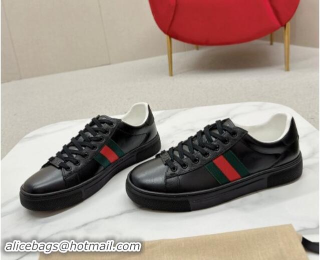 Best Price Gucci Ace Sneakers with Web in Black Embossed Leather 1014083