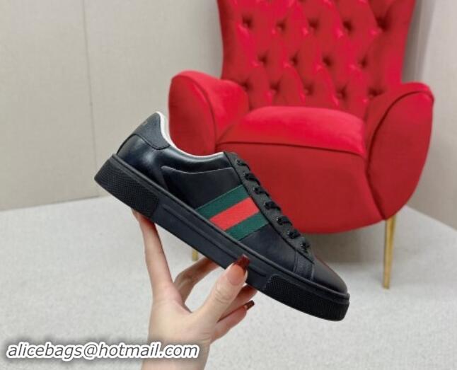 Best Price Gucci Ace Sneakers with Web in Black Embossed Leather 1014083