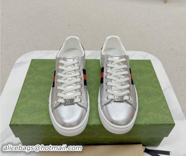 Trendy Design Gucci Ace Leather Sneakers with Web Silver 1014090