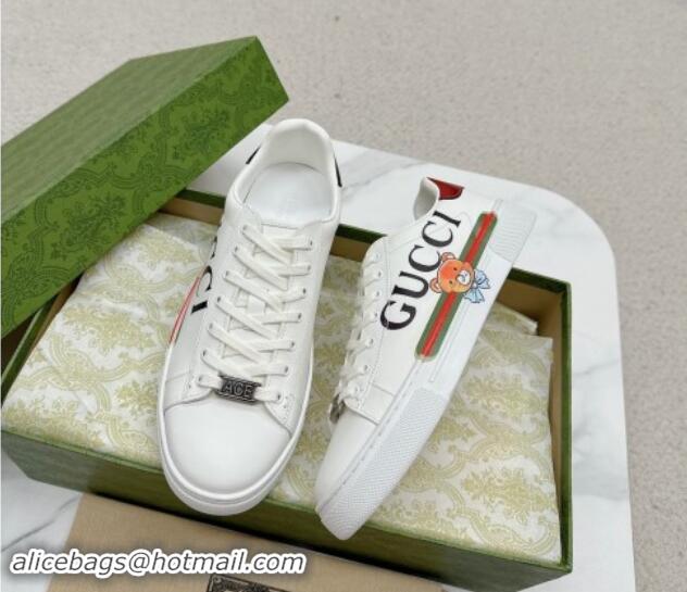 Best Grade Gucci Ace Leather Sneakers with Bear Print White 1014091