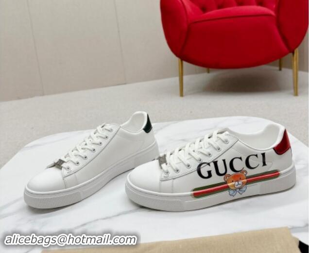 Best Grade Gucci Ace Leather Sneakers with Bear Print White 1014091