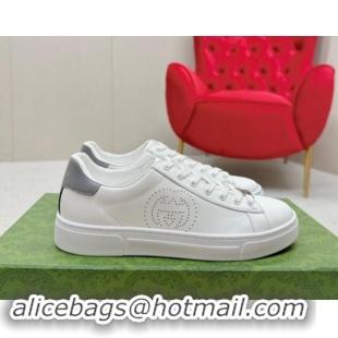 Buy New Cheap Gucci Ace Leather Sneakers with Perforated Interlocking G White/Grey 1014084