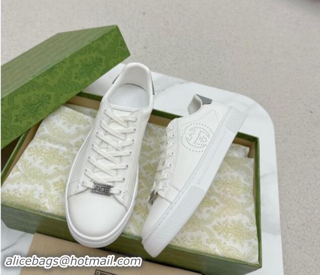 Buy New Cheap Gucci Ace Leather Sneakers with Perforated Interlocking G White/Grey 1014084