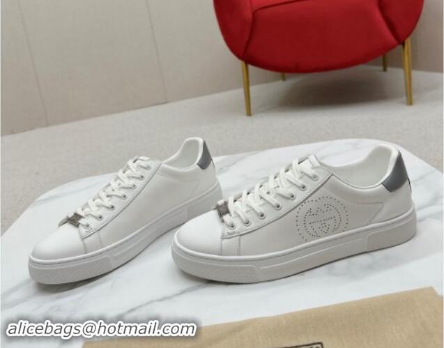 Buy New Cheap Gucci Ace Leather Sneakers with Perforated Interlocking G White/Grey 1014084