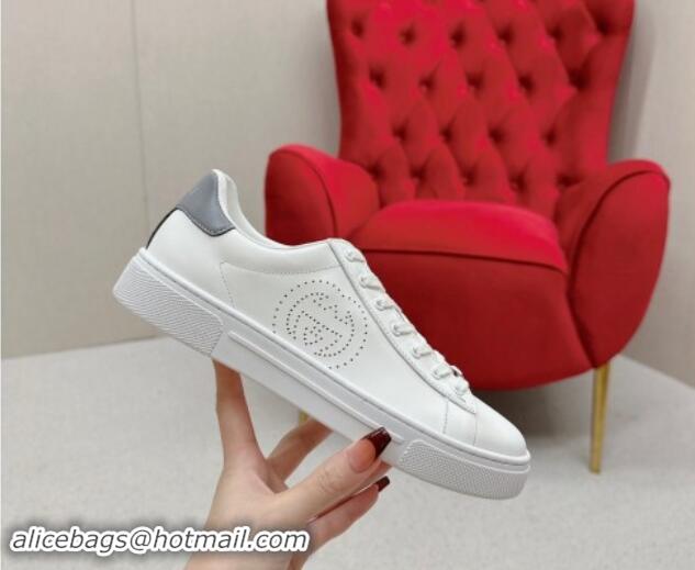 Buy New Cheap Gucci Ace Leather Sneakers with Perforated Interlocking G White/Grey 1014084