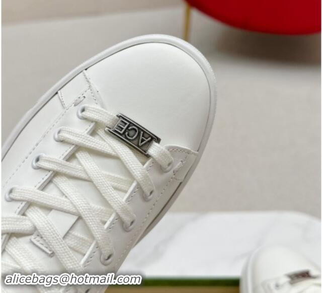 Buy New Cheap Gucci Ace Leather Sneakers with Perforated Interlocking G White/Grey 1014084