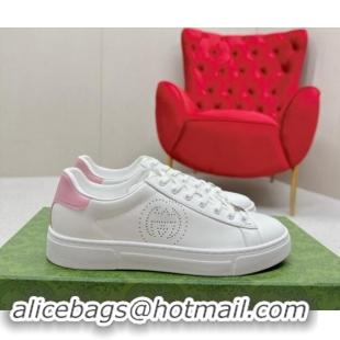 Perfect Gucci Ace Leather Sneakers with Perforated Interlocking G White/Pink 1014085