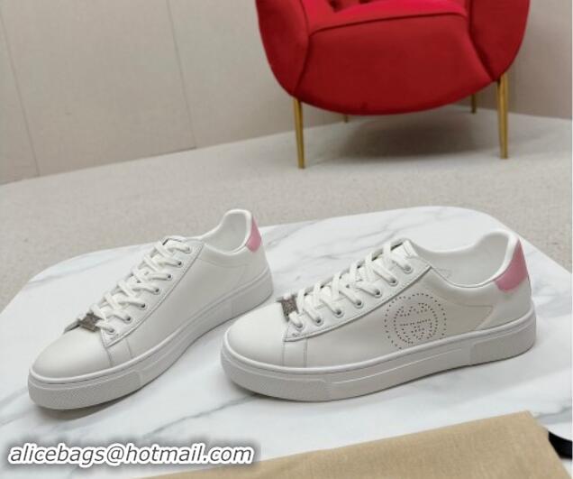 Perfect Gucci Ace Leather Sneakers with Perforated Interlocking G White/Pink 1014085