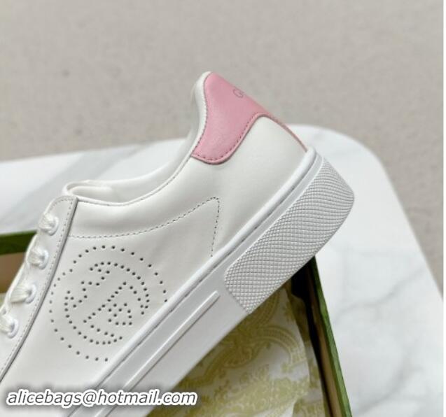 Perfect Gucci Ace Leather Sneakers with Perforated Interlocking G White/Pink 1014085