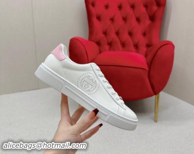 Perfect Gucci Ace Leather Sneakers with Perforated Interlocking G White/Pink 1014085