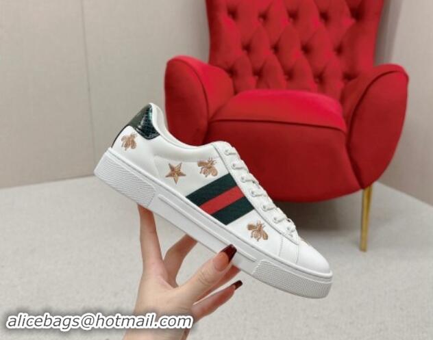 Shop Cheap Gucci Ace Leather Sneakers with Bee and Star White 1014088