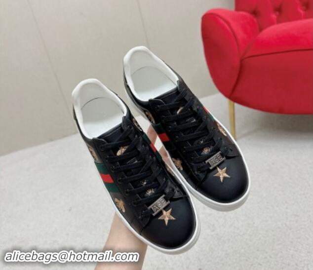 Buy Discount Gucci Ace Leather Sneakers with Bee and Star Black 1014089