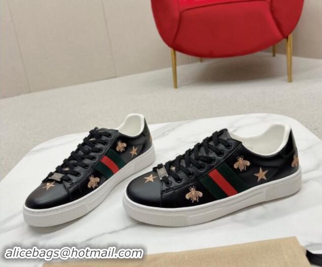 Buy Discount Gucci Ace Leather Sneakers with Bee and Star Black 1014089