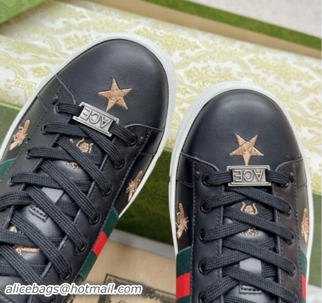 Buy Discount Gucci Ace Leather Sneakers with Bee and Star Black 1014089