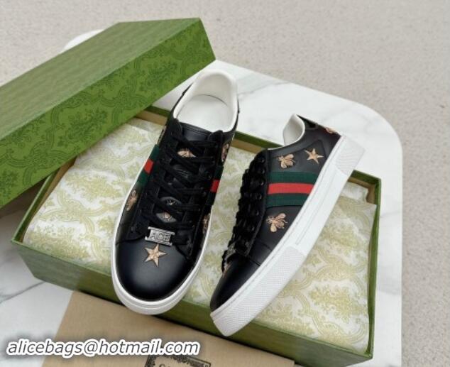 Buy Discount Gucci Ace Leather Sneakers with Bee and Star Black 1014089