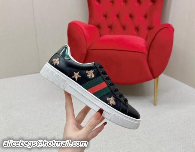 Buy Discount Gucci Ace Leather Sneakers with Bee and Star Black 1014089