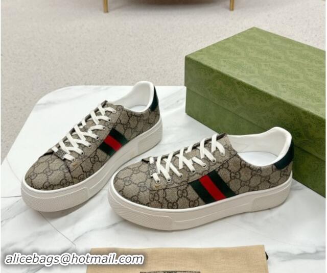 Stylish Gucci Ace GG Canvas Platform Sneakers with Web Beige/Green 1014105