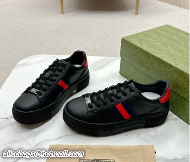 Trendy Design Gucci Ace Leather Platform Sneakers with Web Black/Red 1014106