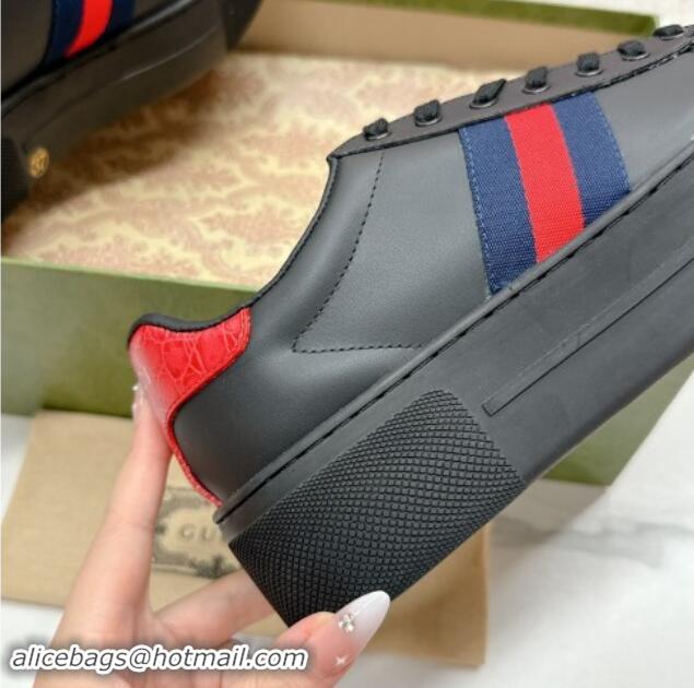 Trendy Design Gucci Ace Leather Platform Sneakers with Web Black/Red 1014106