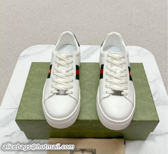 Popular Style Gucci Ace Leather Platform Sneakers with Web White/Green 1014107