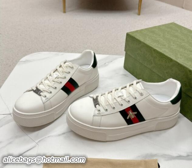 Popular Style Gucci Ace Leather Platform Sneakers with Web White/Green 1014107