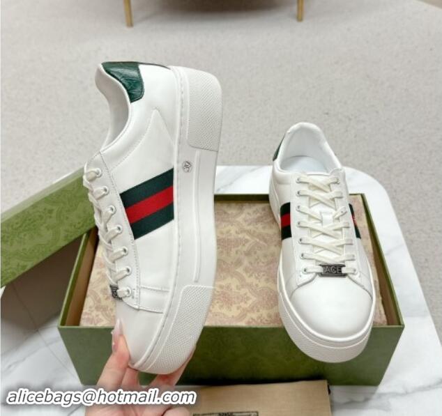 Popular Style Gucci Ace Leather Platform Sneakers with Web White/Green 1014107