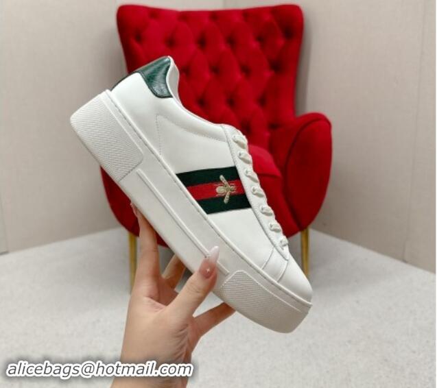 Popular Style Gucci Ace Leather Platform Sneakers with Web White/Green 1014107