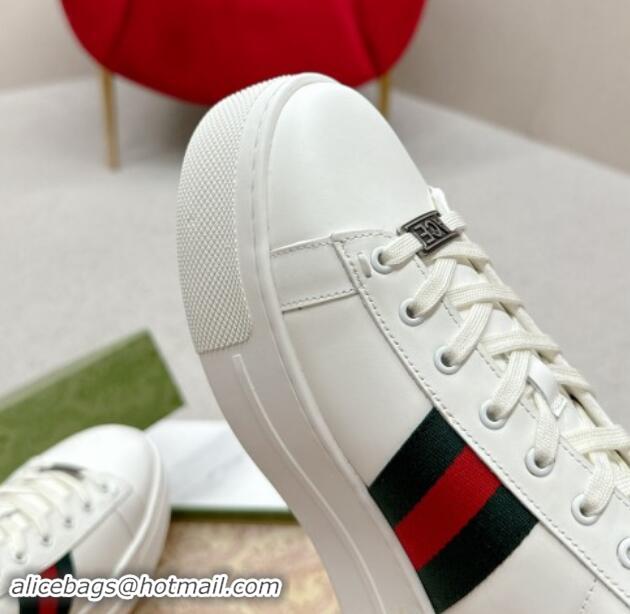 Popular Style Gucci Ace Leather Platform Sneakers with Web White/Green 1014107