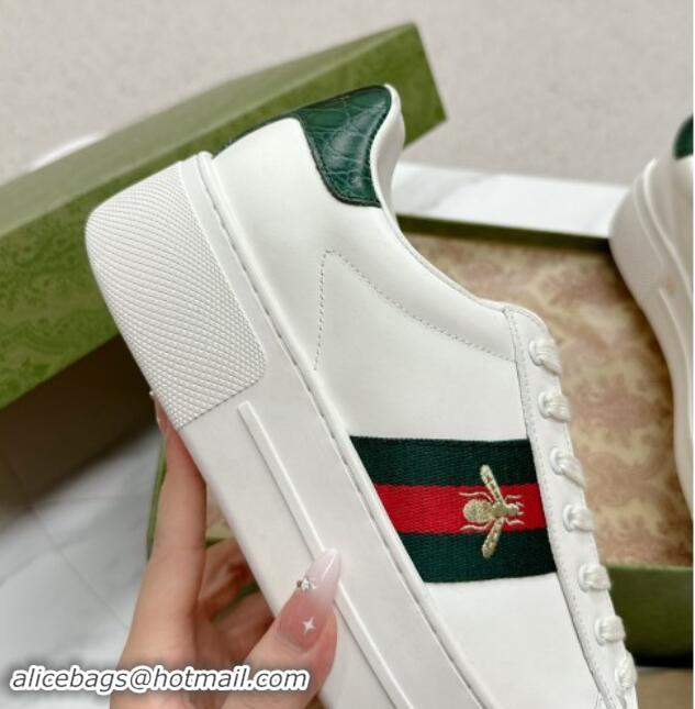 Popular Style Gucci Ace Leather Platform Sneakers with Web White/Green 1014107