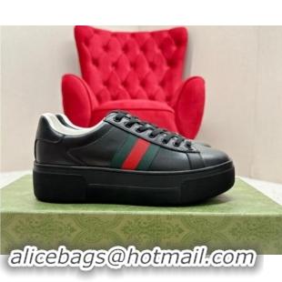 Top Design Gucci Ace Embossed Leather Platform Sneakers with Web Black 1014108