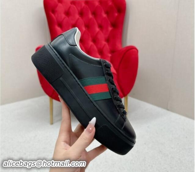 Top Design Gucci Ace Embossed Leather Platform Sneakers with Web Black 1014108