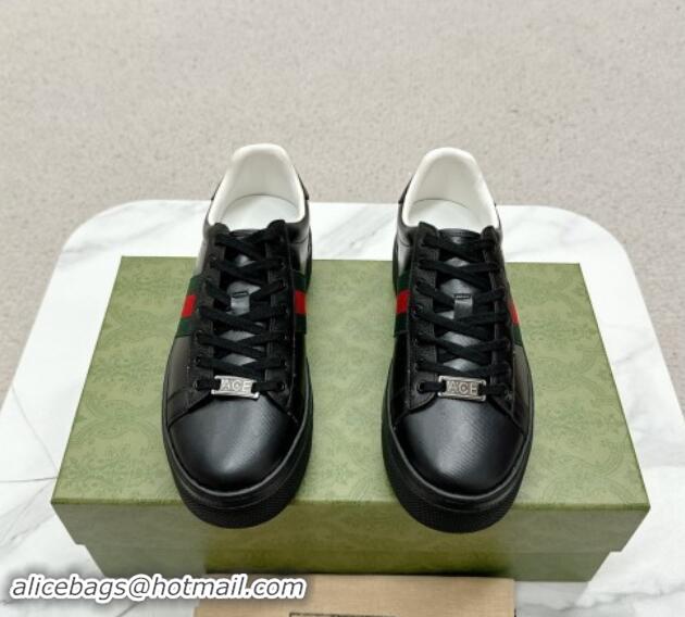 Top Design Gucci Ace Embossed Leather Platform Sneakers with Web Black 1014108