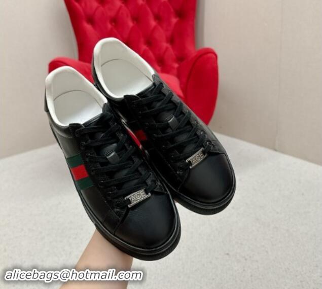 Top Design Gucci Ace Embossed Leather Platform Sneakers with Web Black 1014108