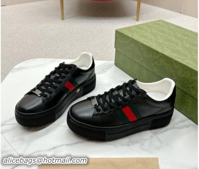 Top Design Gucci Ace Embossed Leather Platform Sneakers with Web Black 1014108