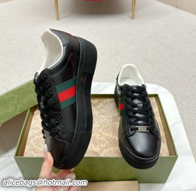 Top Design Gucci Ace Embossed Leather Platform Sneakers with Web Black 1014108