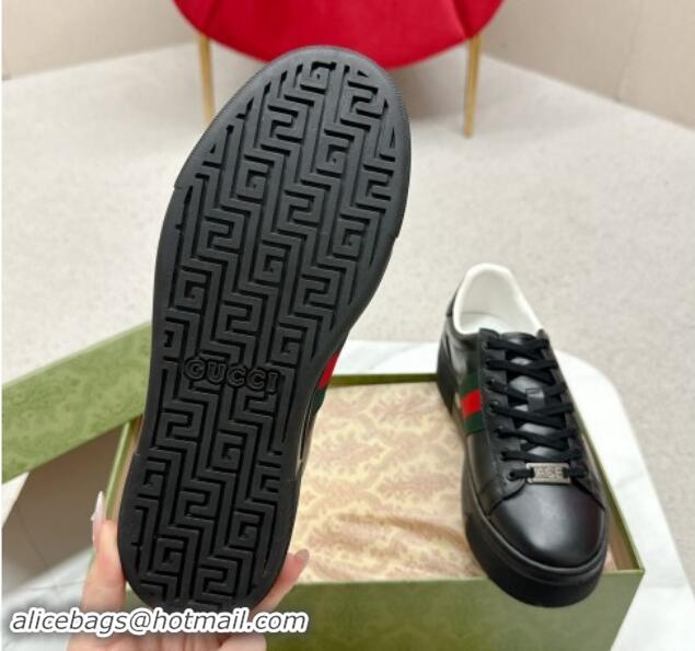 Top Design Gucci Ace Embossed Leather Platform Sneakers with Web Black 1014108