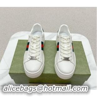 Good Quality Gucci Ace Leather Platform Sneakers with Web White/Green 1014109