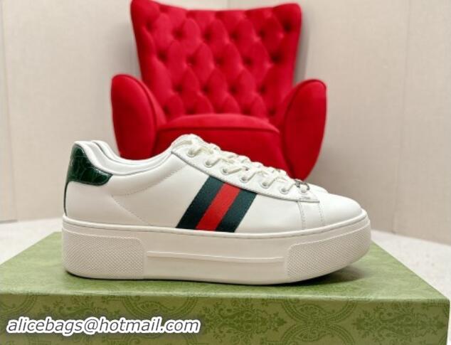 Good Quality Gucci Ace Leather Platform Sneakers with Web White/Green 1014109