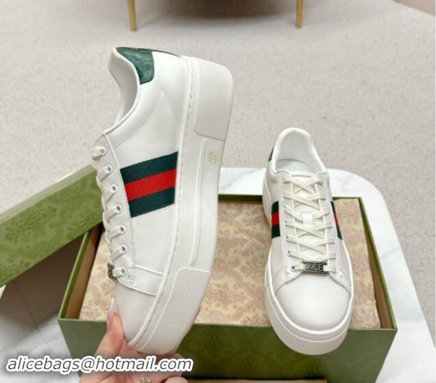 Good Quality Gucci Ace Leather Platform Sneakers with Web White/Green 1014109