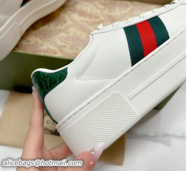 Good Quality Gucci Ace Leather Platform Sneakers with Web White/Green 1014109