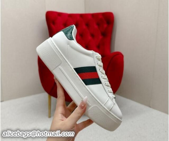 Good Quality Gucci Ace Leather Platform Sneakers with Web White/Green 1014109