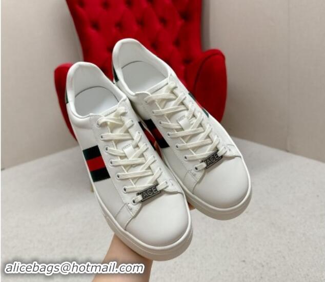 Good Quality Gucci Ace Leather Platform Sneakers with Web White/Green 1014109