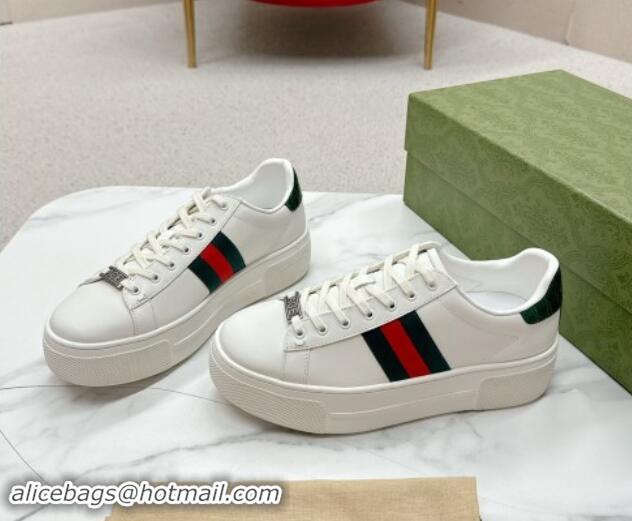 Good Quality Gucci Ace Leather Platform Sneakers with Web White/Green 1014109