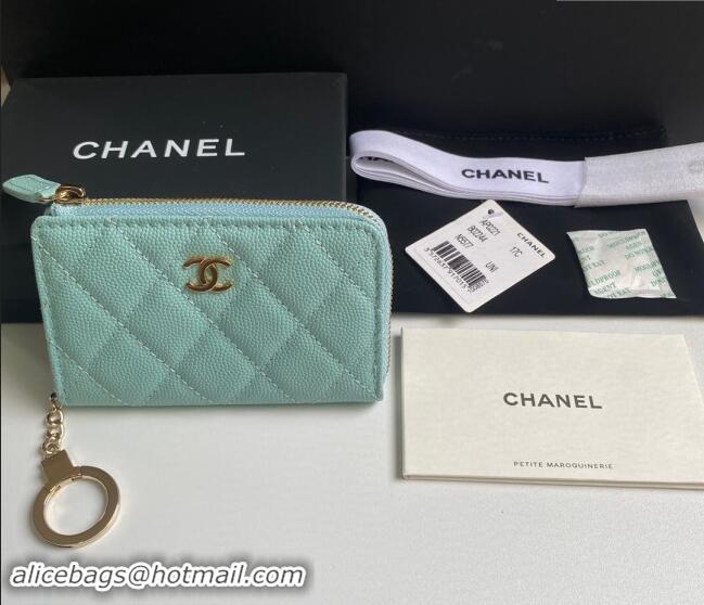 Inexpensive Chanel Grained Calfskin Zip Card Holder Wallet AP0221 Light Green 2024