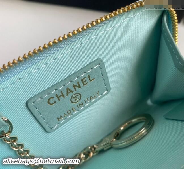 Inexpensive Chanel Grained Calfskin Zip Card Holder Wallet AP0221 Light Green 2024