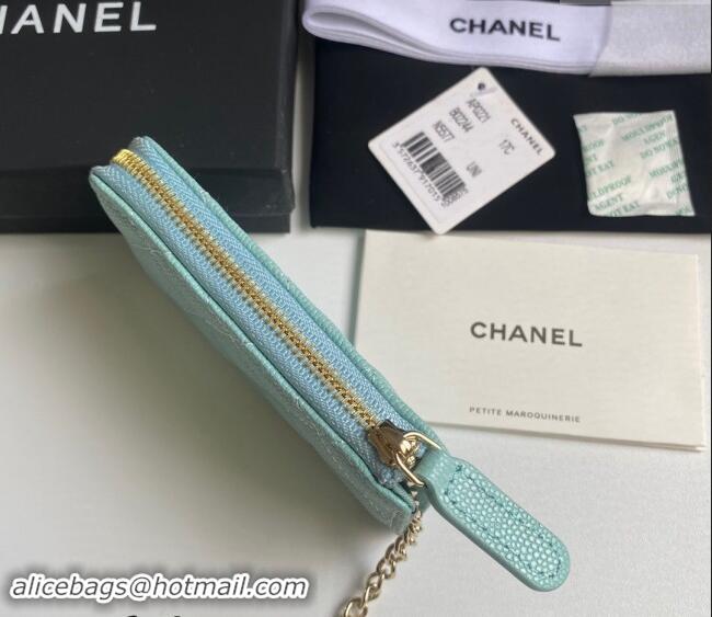 Inexpensive Chanel Grained Calfskin Zip Card Holder Wallet AP0221 Light Green 2024