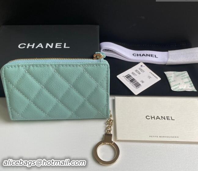 Inexpensive Chanel Grained Calfskin Zip Card Holder Wallet AP0221 Light Green 2024