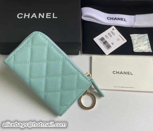 Inexpensive Chanel Grained Calfskin Zip Card Holder Wallet AP0221 Light Green 2024