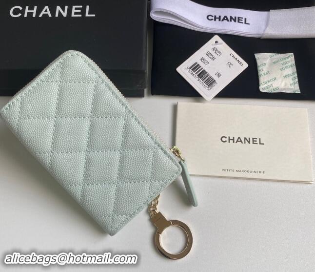 Grade Cheap Chanel Grained Calfskin Zip Card Holder Wallet AP0221 Pale Green 2024